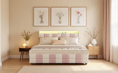 Produktbild von ProximaX Polsterbett 140x200 cm – Weiß-Rosa Samt, 4 große Schubladen, LED-Beleuchtung & USB-Anschluss – Ideal für Kinder- und Jugendzimmer