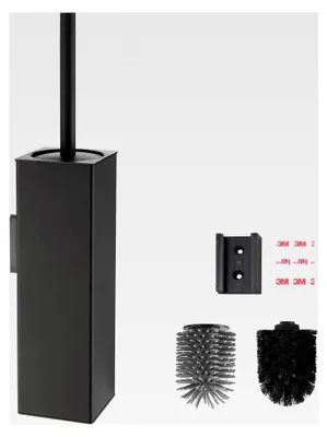 Produktbild von Wandmontierte Klobürste Schwarz, Klobürstenhalter ohne Bohren, Metall mit 2 Bürstenköpfen, Silikon WC Bürste Eckig