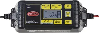 A car battery charger is shown from a front-facing angle.