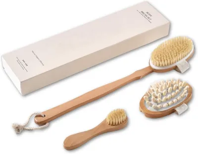 Produktbild von PromoHome® Trockenbürstenset – 3-teilige Körperbürste mit langem Griff für Peeling, Lymphdrainage und Cellulite-Massage – Naturborsten