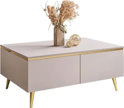 A modern, beige coffee table with gold accents and legs, decorated with a vase of dried flowers and a decorative gold sphere.