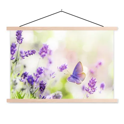 Produktbild von MuchoWow® Textilposter Lavendel - Schmetterling - Blumen 60x40 cm mit holzfarbenen Rahmen - Bilder
