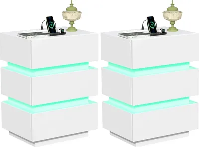 Produktbild von Nachttisch 2er Set Nachttisch mit Steckdose,LED Weiß Hochglanz Nachtschrank,Schmal Beistelltisch Einheit Kommode für Schlafzimmer 45x35x61cm