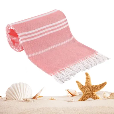 Produktbild von MODFU Strandtuch groß 180x90 cm Baumwolle, leicht lang dünn kompakt -  Hamamtuch Saunatuch, Strandhandtuch Damen & Herren Badetuch, Stranddecke, Picknickdecke Rosa