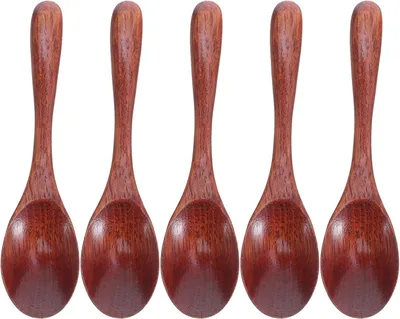 Produktbild von 5 japanische Holzlöffel aus Nanmu-Holz mit Lackbeschichtung, 15,5 x 4 cm, zum Rühren und Servieren von Honig und Tee bei festlichen Anlässen