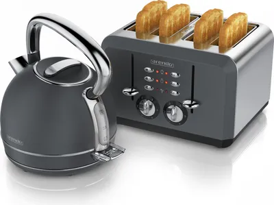 Image de Arendo Breakfast Set acier inoxydable, Bouilloire avec réglage de la température 1,7l, Grille-pain 4 disques à fentes courtes, Bouilloire rétro, Grille-pain vintage, Cool Grey