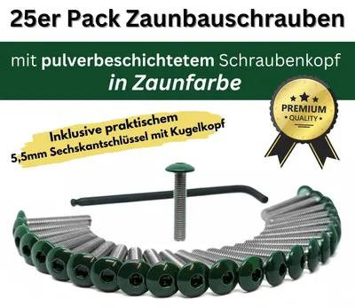 Produktbild von 25x Zaunbauschraube M8x5,5mm x 40mm in Zaunfarbe inkl. Kugelkopf Sechskantschlüssel 25x RAL 6005 Moosgrün
