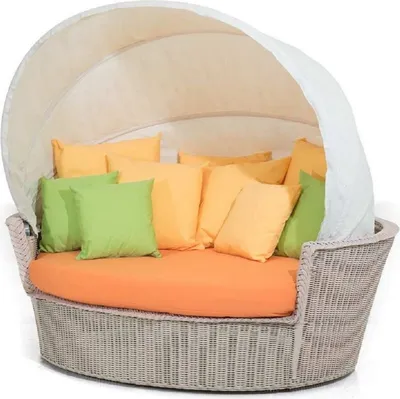 Produktbild von Casa Padrino Luxus Liegeinsel Grau / Orange / Weiß 186 x 141 x H. 174 cm - Handgewebtes Wetterbeständiges Lounge Sofa mit Sonnendach - Moderne Garten Terrassen Hotel Möbel