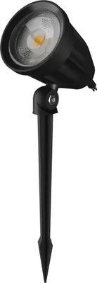 A black LED garden spotlight with a stake.