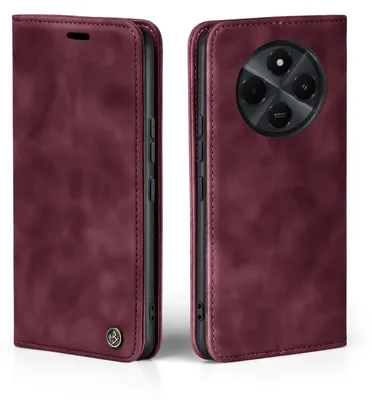 A burgundy flip case for a smartphone is shown from two angles, open and closed.