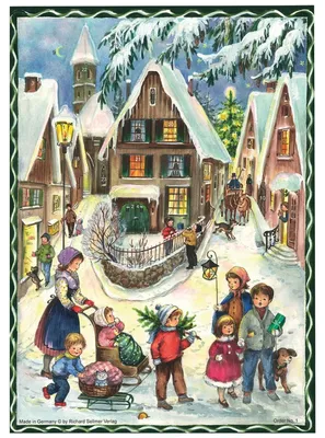 Produktbild von Adventskalender mit Schokolade – Nostalgisch Winterliches Dorftreiben zum Aufstellen & Aufhängen (75g)