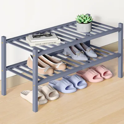 Produktbild von Schuhregal Bambus 2 Ebenen Grau Stapelbar Platzsparend