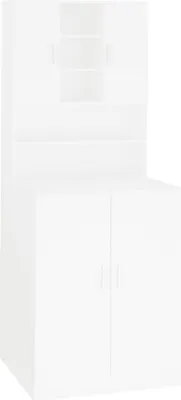 A white cabinet with two doors at the bottom and shelves above.