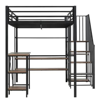 Produktbild von Flieks Etagenbett Metallbett 120x200cm mit Schreibtisch, Hochbett mit Kleiderstange und Regal, Kinderbett Jugendbett mit Lattenrost, Stockbett Schwarz