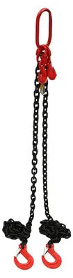 Image de Chaînes de levage - Chaîne de levage à deux brins, longueur 2 mètres - Capacité de charge : 2 tonnes - Acier allié - Avec crochets - Pour grues et travaux de levage de charges lourdes