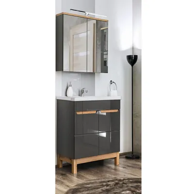 Produktbild von Badmöbel Waschplatz Set mit 60cm Keramik-Waschtisch & LED-Spiegelschrank SOLNA-56 in Hochglanz grau mit Eiche, B/H/T ca.: 60/200/46 cm