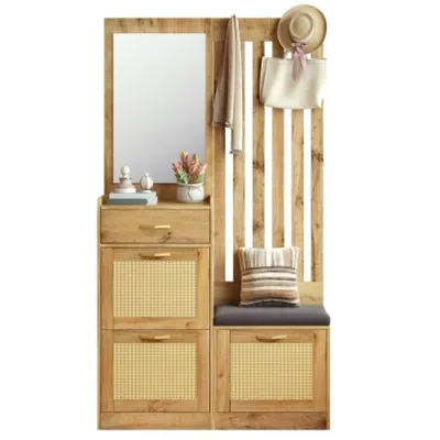 Produktbild von Kompaktgarderobe mit Spiegel und Sitzbank,Schuhschränke Flurgarderobe mit Schuhschrank und Haken, Kleiderhaken,Flurmöbel Set