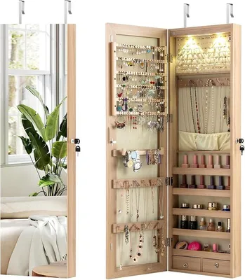 Produktbild von Schmuckschrank mit LED Spiegel, Schmuckregal abschließbar mit Schlüsseln, Wandspiegel Spiegelschrank hängend, Schmuckaufbewahrung 120 x 35,5 x 10 cm (Beige)