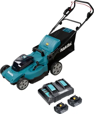 A cordless lawnmower with batteries and a charger, displayed on a white background.