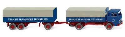 Zdjęcie produktu dla Wiking Ciężarówka z naczepą platformową (MB) "Transit Transport Flensburg", model samochodu dostawczego, do samodzielnego montażu, 1:87, Ciężarówka z naczepą platformową (MB), unisex, "Transit Transport Flensburg"