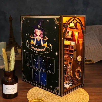 Produktbild von DIY Book Nook Magieschule - 3D-Puzzle - Miniaturhaus aus Holz mit LED - Musikbox - Staubschutz