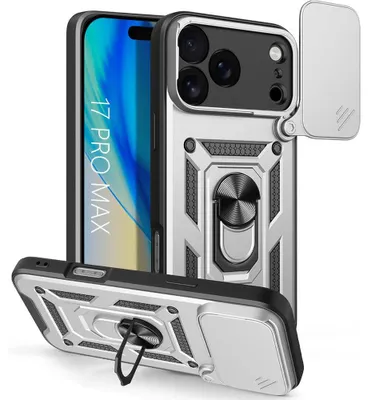 Image de Coque pour iPhone 17 Pro Max, Protection Résistante avec Anneau et Cache Caméra Coulissant - Argenté