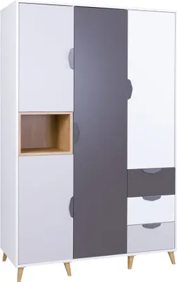 Produktbild von MIRJAN24 Kleiderschrank Joker 01, Stilvoll Kinderzimmer Drehtürenschrank mit Regal (Weiß / Graphit + Grau + Lefkas Eiche)