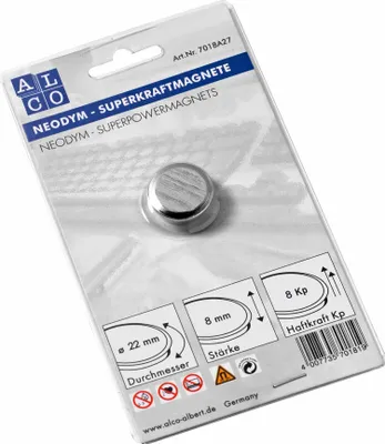 Produktbild von Superkraftmagnete, silberfarben, gebürstet, Ø 22 mm, Haftkraft 8 kp Neodym