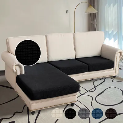 Zdjęcie produktu dla Pokrowiec na sofę żakardowa kratka sofa w kształcie litery L z 2 pojedynczymi siedzeniami i 1 szezlongiem, pokrowiec na sofę elastyczny antypoślizgowy, pokrowiec na poduszkę siedziska elastyczny czarny