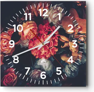 Produktbild von Wanduhr - Quadrat - Glasuhr - Blumenstrauß Blumen Rosen - 40x40cm - Schleichendes Uhrwerk - Lautlos - zum Aufhängen bereit - Dekoration Modern - Wanddekoration aus Glas - C4AC40x40-5002