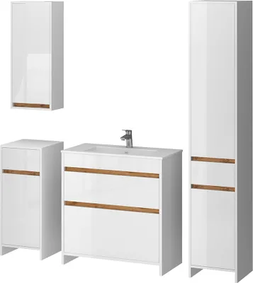 Obrázok produktu pre Kúpeľňový nábytok Vicco Detmold Biely vysoký lesk/dub Goldkraft Sada 5 kusov, Model 49844