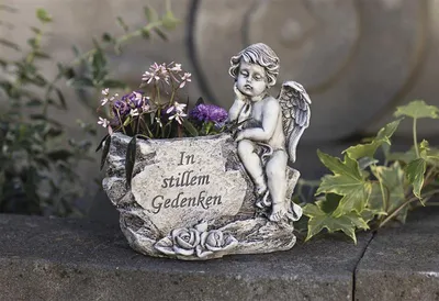 Image de Planteur "Petit ange" en optique érodée, résistant aux intempéries, inscription "In stillem Gedenken", pot à plantes, décoration de tombe