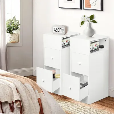 Produktbild von 2er Set Nachttisch mit 2 Schublade,schmal Beistelltisch Nachtschrank Sofatisch Couchtisch für Schlafzimmer,Wohnzimmer 25x30x66cm Weiß