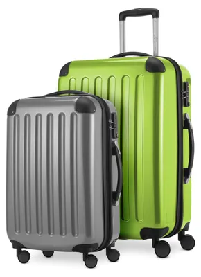 Produktbild von Alex - 2er Set Handgepäck + Mittelgroßer Koffer, Kofferset Resekofffer Trolleys Hartschale Polycarbonat glänzend,Apfelgrün-Silber