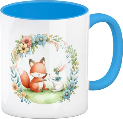 Produktbild von Fuchs und Hase mit Blumenkranz Kaffeebecher in hellblau