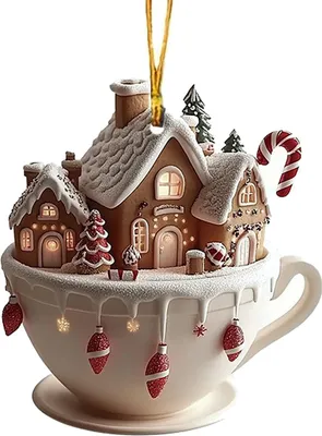 Produktbild von Haus-Kaffeetassen-Ornament aus Acryl, Schnee-Lebkuchenhaus-Weihnachtsbaumschmuck, Weihnachtsdekoration für Baum, Rucksack, Schlüsselanhänger