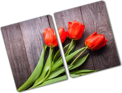 Produktbild von Tulup Glas Herdabdeckplatte - 2x40x52 cm - Glaskeramikkochfeld-Abdeckung Spritzschutz Glasabdeckplatte Kochplattenabdeckung und Schneidebrett - Zweiteilig - Blumen & Pflanzen - Rote Tulpen - Rot