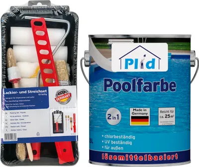 Produktbild von Plid Poolfarbe 2,5L mit Anstreichset - für ca. 25m² Poolblau – Schwimmbeckenfarbe & Unterwasserfarbe für Beton- und Zementpools, wasserfest