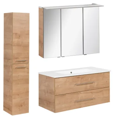 Produktbild von Fackelmann Badmöbel Set 4-teilig  103 cm breit, Ast-Eiche, Waschbeckenunterschrank, Keramik-Waschbecken, Spiegelschrank und Hochschrank