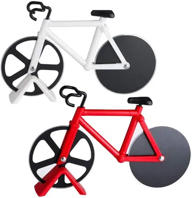 2 Fahrrad-Pizzaschneider aus Edelstahl, weiß/rot, 18,5 cm