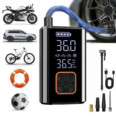 Obrázok produktu pre INF Bezdrôtový nafukovač pneumatík — 80w prenosný vzduchový kompresor 150psi, LED svetlo a nabíjateľná batéria 3x2000mAh