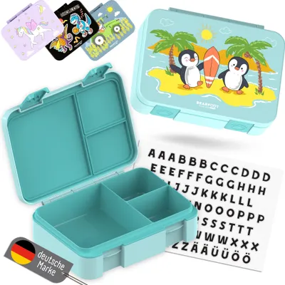 Produktbild von Brotdose Kinder mit Fächern, BPA frei, Lunchbox, Bento box, Brotbox, Brotdose Mädchen & Jungen, Snackbox mit Trennfächern, Vesperbox - Pinguin 950ml