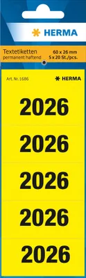 A product shot of Herma text labels with the number 2026 printed on them, presented in a vertical format.
