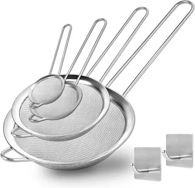 Image de Set de tamis en acier de haute qualité, 4 pièces, 5,5/7/12/18 cm, tamis à mailles fines, poignées robustes, tamis de cuisine pour la cuisine, la pâtisserie, la farine, le thé et les jus