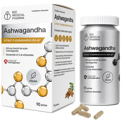 Image de Ashwagandha KSM-66 Capsules Hautement Concentrées - 600 mg Dose Journalière, 5% Extrait Withanolide (15:1) - Vegan, Sans Allergène, Sans Additif (90 Capsules)
