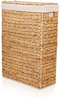 Produktbild von Famanu Wäschekorb mit Deckel, aus geflochtenem Wasserhyazinthe, platzsparendes Design, 27 Liter, naturfarben