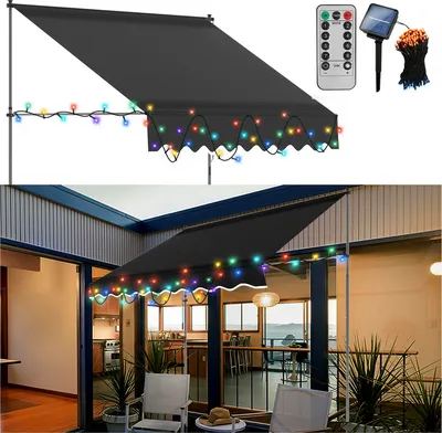 Immagine prodotto di TolleTour LED tenda da sole per balcone a braccio pieghevole tenda da sole a morsetto tenda da sole per balcone 2M, monocolore grigio (con cavo solare)