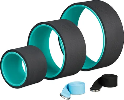 Produktbild von Relaxdays Yogarad 3er Set, Ø: 33, 26,5, 17 cm, mit 2 Yogagurten, Yogaringe für Stretching, Kunststoff, türkis/schwarz