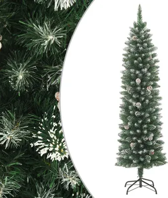 A slim artificial Christmas tree with pinecones and a white stand.