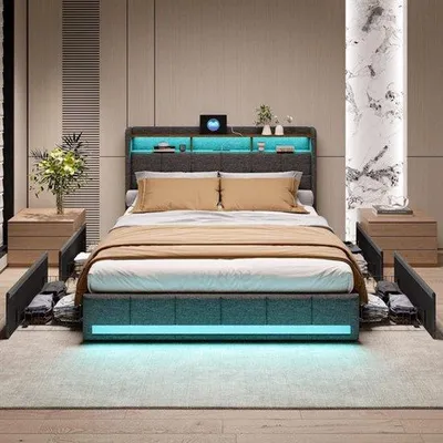 Produktbild von Gestoffeert Doppelbett 160x200 cm – Sitzbank – Stapelbett – Opberettafel – Mit RGB LED Beleuchtung – 4 Ladestationen & USB/Type-C Lademöglichkeiten – Grau